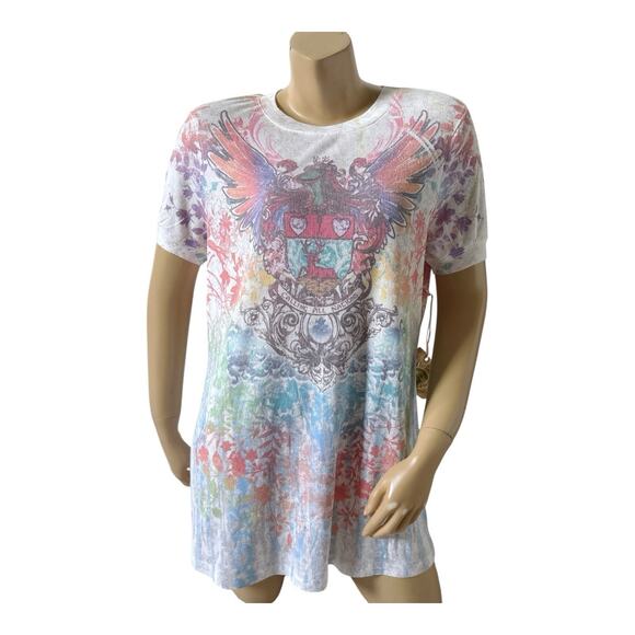 ONE WORLD Womens Plus Size 1X Short Sleeve Embellished Boho Tribal Tunic Shirt - Picture 1 of 8